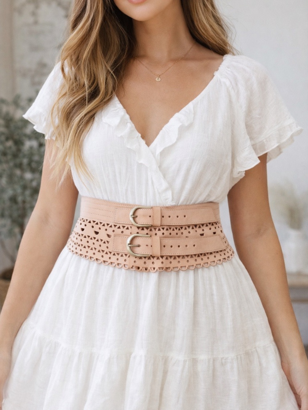 Real leather Double Buckle Laser-Cut Waist Belt - Nude